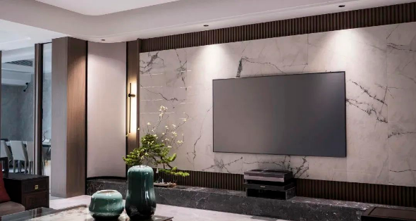 pp电子游戏陶瓷大板电视配景墙效果图